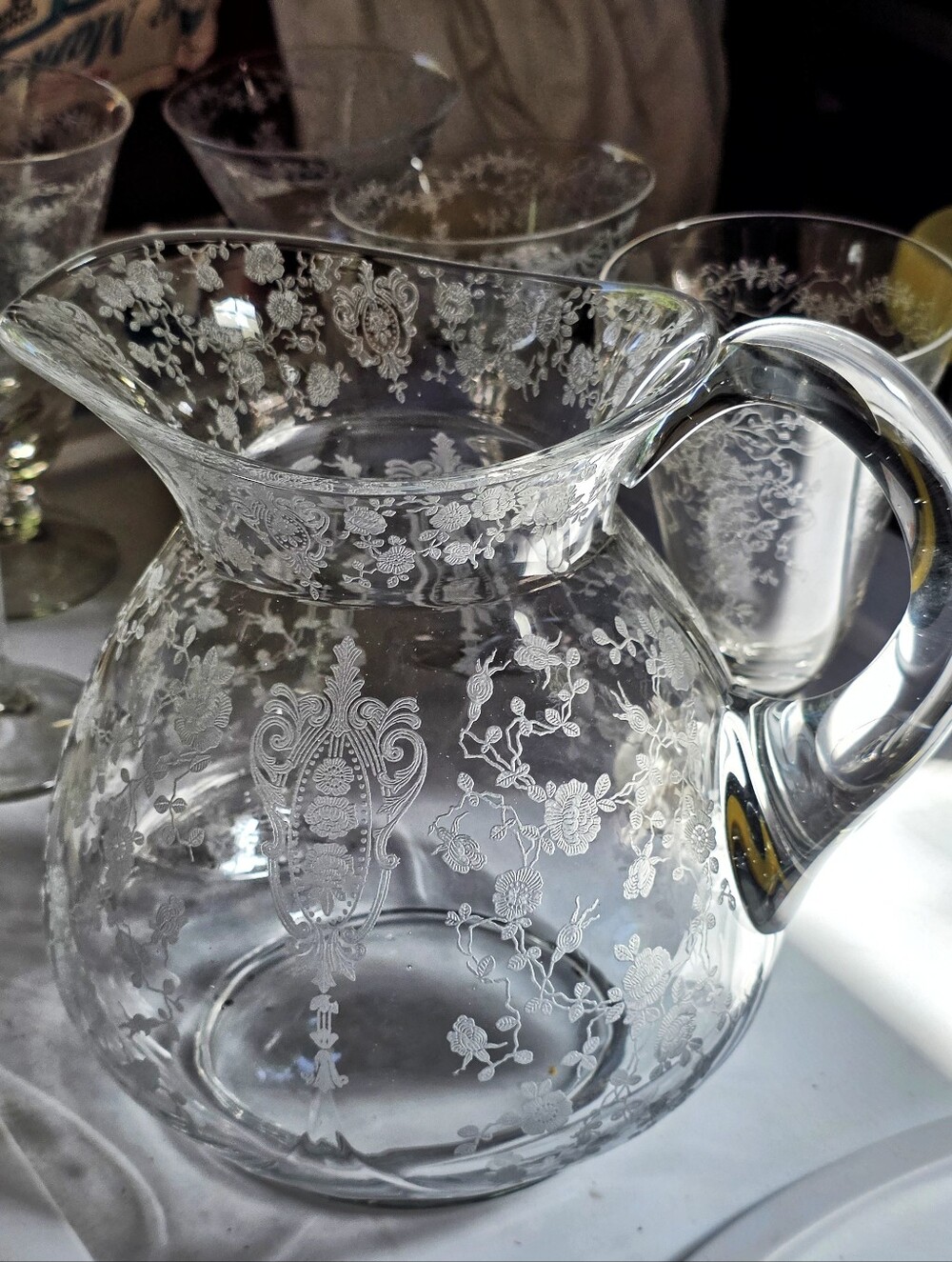 Vintage Cambridge Rose Point Clear 76 Oz Doulton Pitcher with Modified Handle